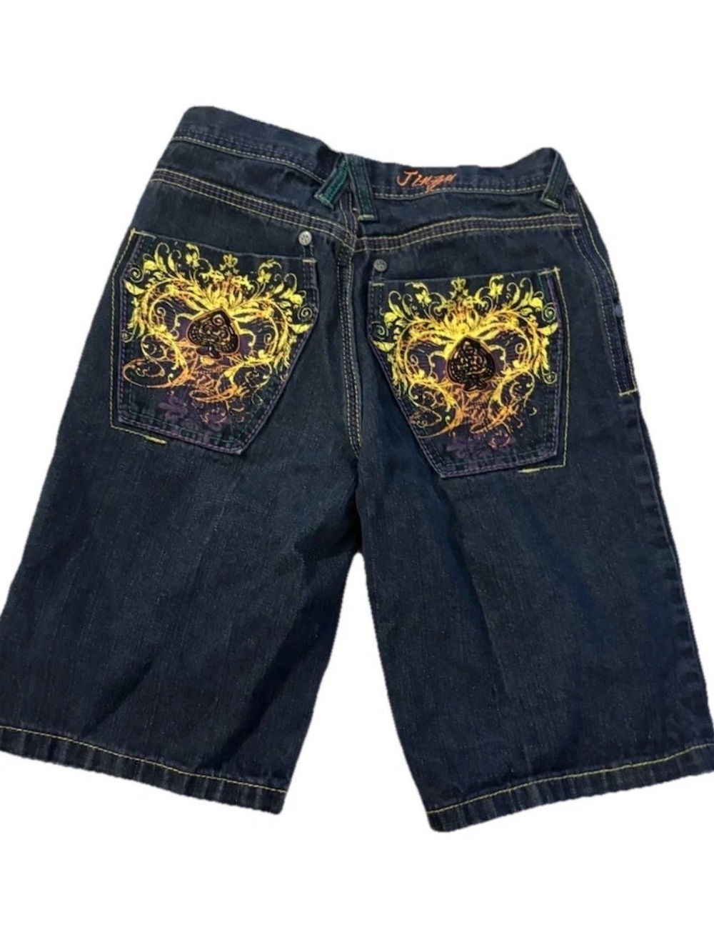 Vintage Jinzu Boys Bermuda Denim Shorts Size 10 Dark Blue Graphic Spade